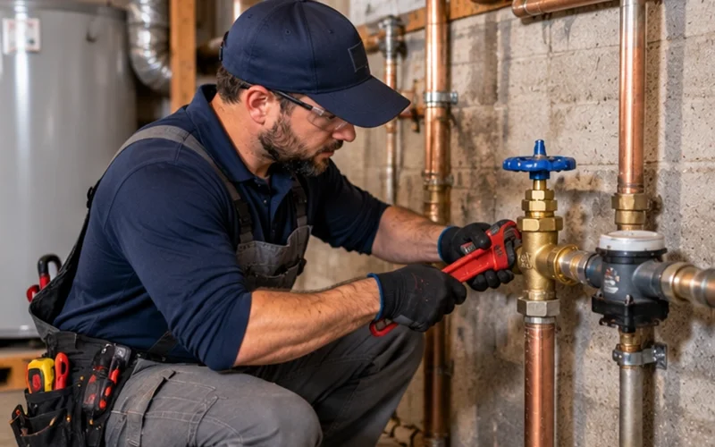 A plumber adjusts a valve on copper pipes in a basement utility room.