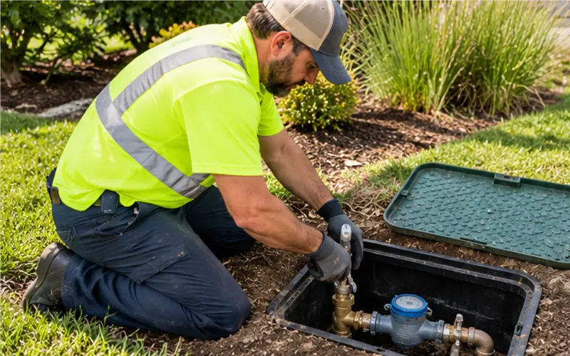 A worker in a neon yellow vest kneels and repairs a sprinkler system valve in a grassy area.