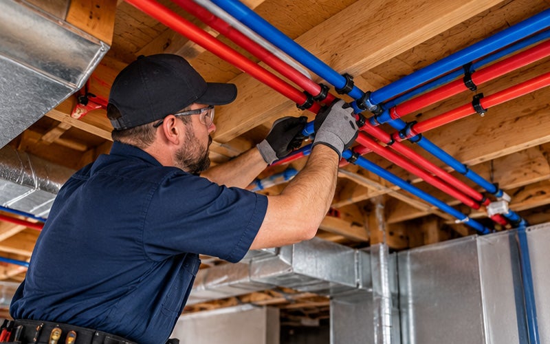 A plumber wearing safety glasses works on a complex network of red and blue pipes in a basement.