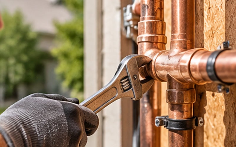 A gloved hand tightens a wrench on copper pipes mounted on a wooden wall.