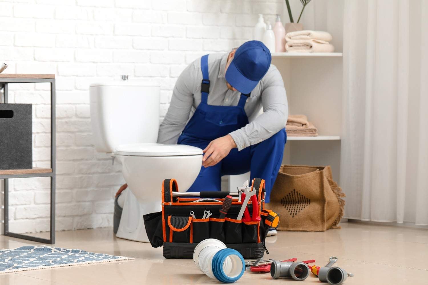 man in blue gray overalls repairing toilet