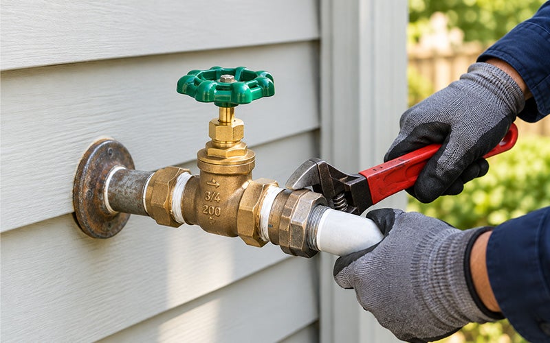 Plumber repairing an outdoor hose bib faucet and pipe connections on a home's exterior wall.